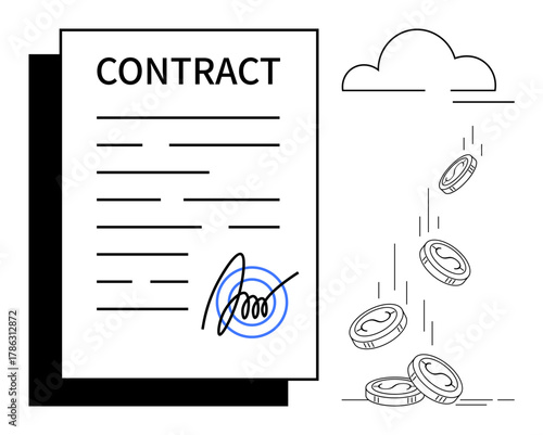Contract document with signature and falling coins under a cloud, emphasizing financial agreement, partnership, investment, funding, transaction, business deal, or legal obligation. Ideal for legal