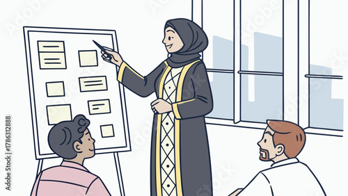 Arabian Businesswoman Presenting Marketing Strategy in Office Vector Illustration