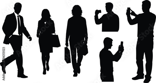 People silhouettes walking, shopping and taking photos, business man and woman figures isolated on white background, lifestyle activity concept illustration