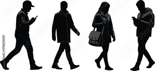 People silhouettes walking and using smartphones, man and woman modern lifestyle vector illustration, mobile communication and technology concept design