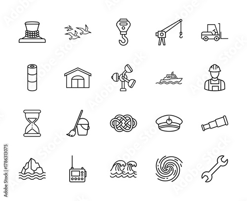 Maritime line icon set. Vector pictograms of bollard, seagulls, crane, forklift, warehouse, anemometer, boat, captain's hat, telescope, iceberg, radio, waves, and wrench, thin linear illustration.