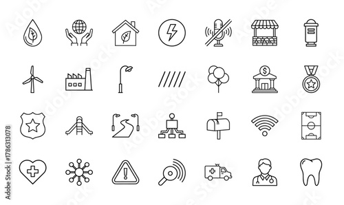 Diverse urban, community, and ecological services line icon set. Vector pictograms of water, globe, house, windmill, bank, doctor, ambulance, wifi, streetlamp, and factory, thin linear illustration.