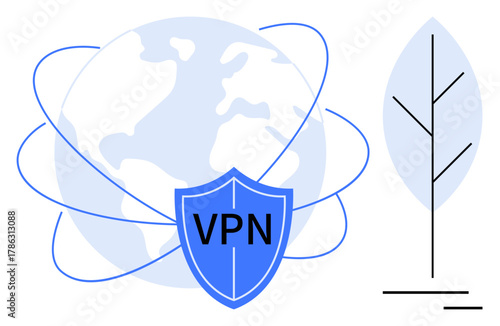 Globe with orbiting lines and VPN shield for secure global connection, next to minimal leaf design suggesting sustainability. Ideal for cybersecurity, eco-tech, protection, privacy, connectivity