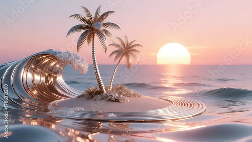 Fototapeta Naklejka Na Ścianę i Meble -  Sunset view of palm tree on the beach