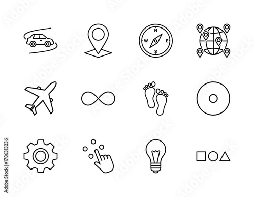 Universal concepts and travel line icon set. Vector pictograms of car, map pin, compass, globe, airplane, infinity, footprints, gear, lightbulb, and shapes, thin linear illustration.