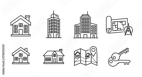 A set of real estate icons featuring a house, building, blueprint, map, and key, perfect for illustrating property, architecture, and location