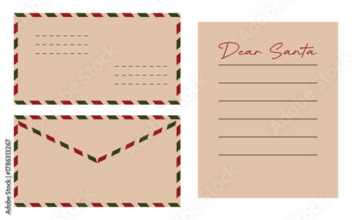 Christmas letter to Santa template set with envelope and writing page. Vintage holiday stationery design with beige paper, red and green border. Perfect for kids' festive wishes and messages