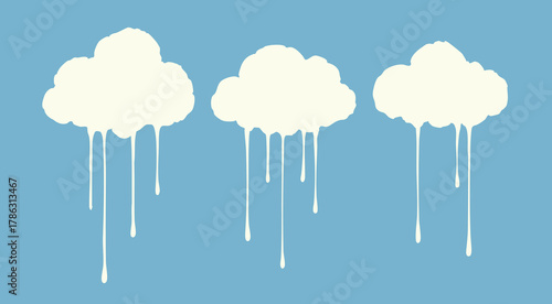 White clouds with dripping paint. Melting cloud with drip lines. Hand drawn trendy Vector illustration. Isolated design elements. Logo, sticker, print template