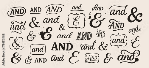 Ampersand symbols, and words set. Various shapes, fonts, styles, textures. Different frames. Hand dawn Vector illustration. Isolated design elements. Wedding invitation, poster, card templates