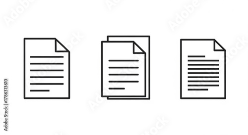 A collection of three distinct line icons representing documents, files, and paperwork
