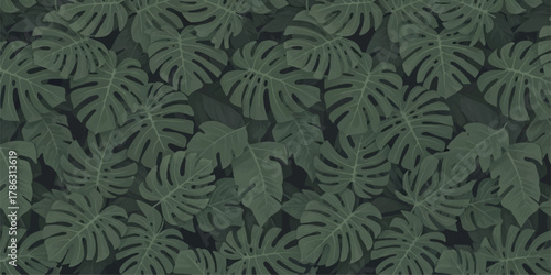 Monstera leaves seamless pattern dark green tropical foliage background ideal for textile design and wallpaper