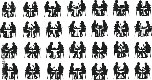 People talking at cafe table silhouette vector, business meeting illustration, communication concept, teamwork discussion design, coffee shop interaction art