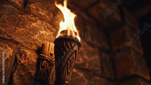 Burning torch against stone wall illuminated flame decoration