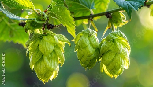 Close-up of Fresh Green Hops on the Vine in Sunlight.