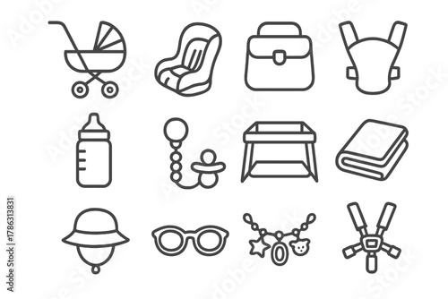 Crib baby toys hat bag essentials bottle travel icon diaper vector