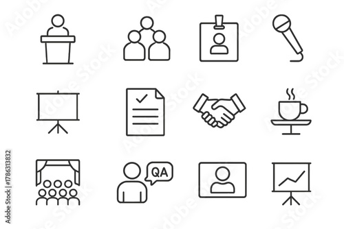 Badge conference break icon coffee name hall video screen vector set