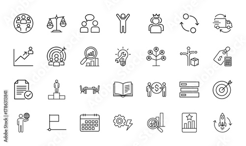 Business management line icon set. Vector pictograms of teamwork, balance, discussion, growth, analysis, innovation, logistics, finance, success, and strategy, thin linear illustration.