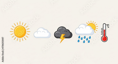 Weather icons depicting sun, clouds, storm, rain, and temperature, perfect for weather forecasts and educational materials