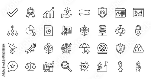 Business and strategy line icon set. Vector pictograms of a checkmark, growth chart, star, shield, database, rocket, target, umbrella, scales, and magnifying glass, thin linear illustration.