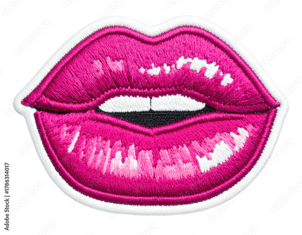 Obraz premium Embroidered patch depicting vibrant, glossy pink lips with white borders and a black mouth space