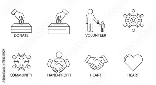 Collection of linear icons representing charity, donation, volunteering, community, nonprofit, and heart, ideal for websites, apps, and presentations