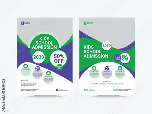 Kids back to school education admission template, Child journey, camping flyer. Vector page layouts for magazines, annual reports, advertising posters