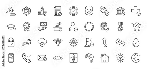 Validation and approval line icon set. Vector pictograms of gavel, shield, document, bank, graduation cap, money, shopping cart, padlock, wifi, house, sun, moon, thin linear illustration.