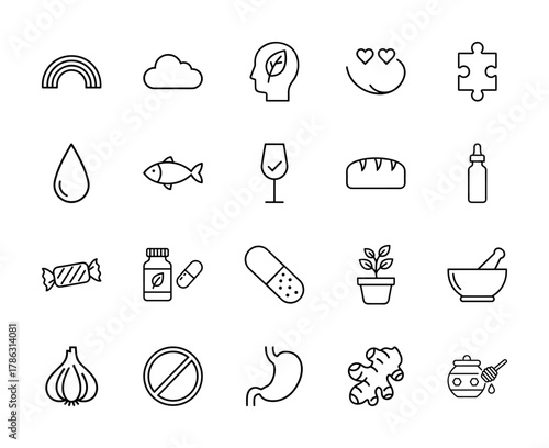 Health and wellness line icon set. Vector pictograms of organic mind, fish, bread, supplements, plant, ginger, honey, and medicine, thin linear illustration.