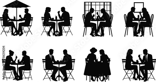 Romantic couple silhouettes sitting at cafe tables, man and woman drinking coffee, restaurant date, communication and love concept illustration