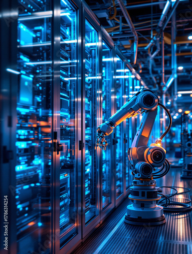 Wallpaper Mural Futuristic robotic arm working in a high-tech data center environment Torontodigital.ca