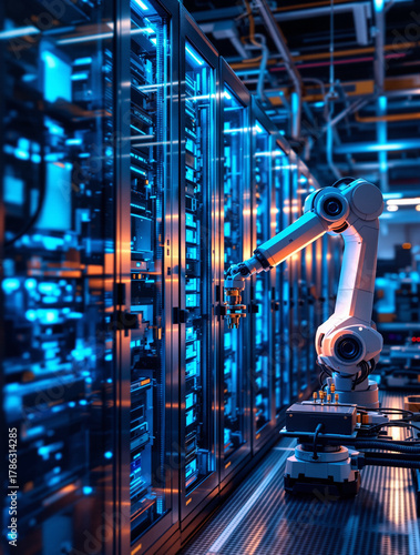Futuristic robotic arm managing data centre with blue ambient lights