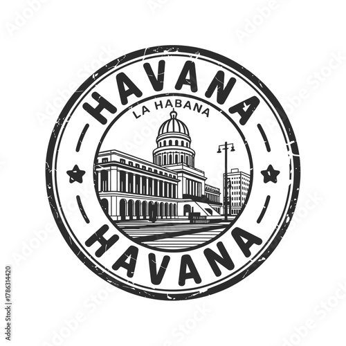 Vintage havana cuba stamp with capitol building illustration