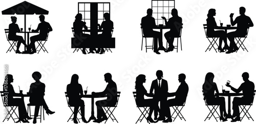 Romantic couple silhouettes sitting at cafe tables, man and woman drinking coffee and talking, restaurant date vector illustration