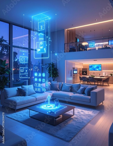 Wallpaper Mural Modern living room featuring holographic smart home interface display Torontodigital.ca