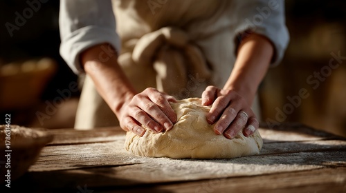 Fototapeta Naklejka Na Ścianę i Meble -  Hands covered in flour while kneading bread dough on a rustic wooden table, flour dust floating in soft morning light — concept of homemade cooking, artisanal baking, slow food culture, comfort
