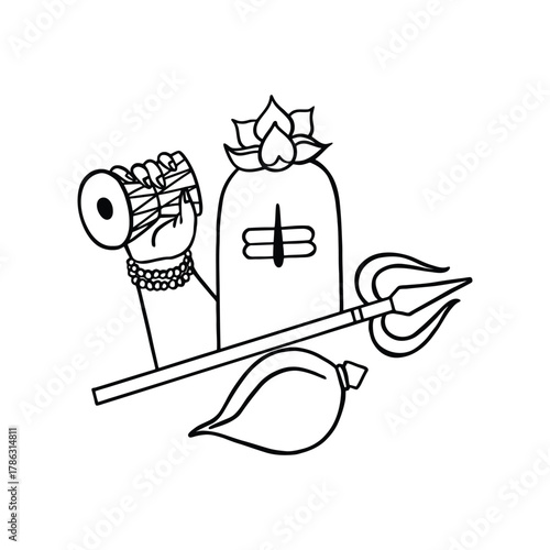 lord shiva outline vector illustration shivlinga with damaru, trishul, and bel patra for Mahashivratri