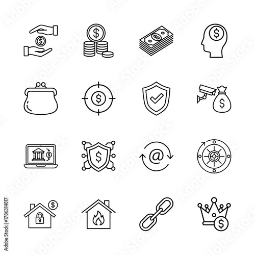 Finance, security, and property line icon set. Vector pictograms of money, coins, banknotes, online banking, security shield, home insurance, financial goal, and wealth, thin linear illustration.