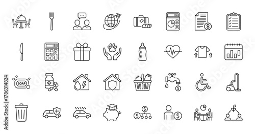 General services line icon set. Vector pictograms of dining, travel, luggage, finance, checklist, wheelchair, education, and transport, thin linear illustration.