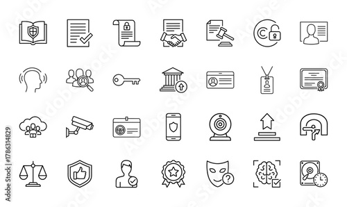 Management, security, and legal line icon set. Vector pictograms of contracts, identification, data storage, justice scales, monitoring, and intellectual property, thin linear illustration.
