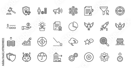 Business and finance line icon set. Vector pictograms of gavel, shield, coins, megaphone, network, document, lightbulb, rocket, and charts, thin linear illustration.