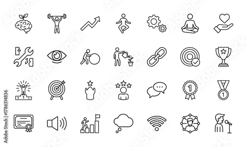 Business and personal growth line icon set. Vector pictograms of brain, gears, trophy, target, podium, certificate, and communication, thin linear illustration.