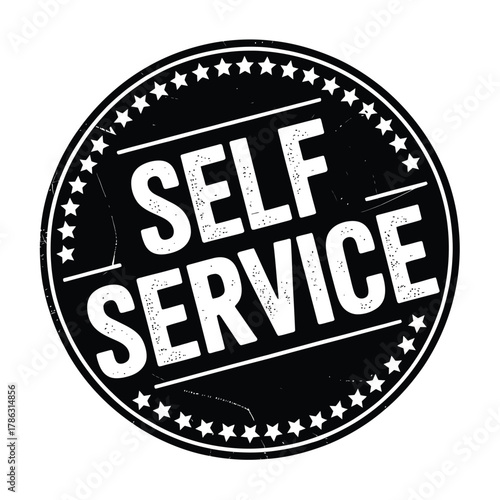 Black and white circular self service emblem with stars