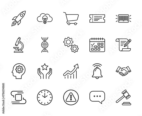 Business technology line icon set. Vector pictograms of rocket, lightbulb, shopping cart, microscope, DNA, gears, calendar, document, head, chart, handshake, gavel, thin linear illustration.