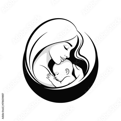 mother and baby in circle logo vector illustration representing maternal love and care