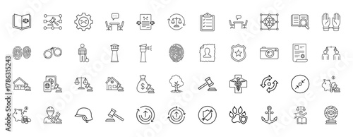 Law and justice line icon set. Vector pictograms of scales, gavel, handcuffs, fingerprints, police badge, and legal documents, thin linear illustration.