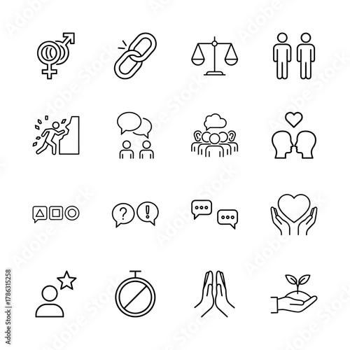 Social interaction and communication line icon set. Vector pictograms of gender symbols, chain link, balance scale, climbing, speech bubbles, group, hearts, and growth, thin linear illustration.