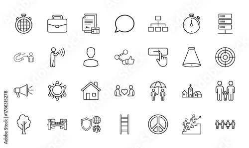 Business and social line icon set. Vector pictograms of stopwatch, briefcase, document, chat, server, user, share, house, family, and peace, thin linear illustration.