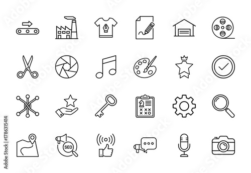 General business and creative services line icon set. Vector pictograms of factory, t-shirt, pencil, palette, scissors, film, camera, megaphone, key, linear illustration.