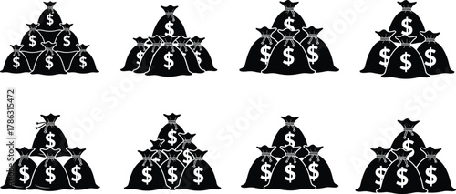 Stack of money bag silhouettes with dollar signs, financial wealth symbol illustration, banking and investment concept vector design