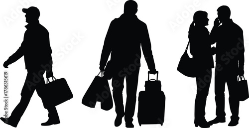 Traveler silhouettes with luggage and bags, man and woman walking and saying goodbye, travel people vector, airport journey illustration
